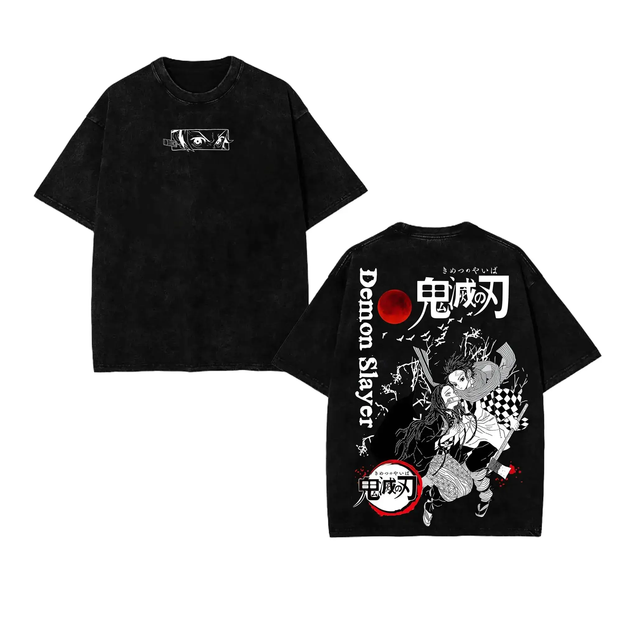 Demon Slayer Tanjiro & Nezuko Unisex Acid Wash Shirt - Men's Anime Character Art Relaxed Fit Lightweight Double Printed Casual Tee, Gift For Anime Merch Enthusiasts