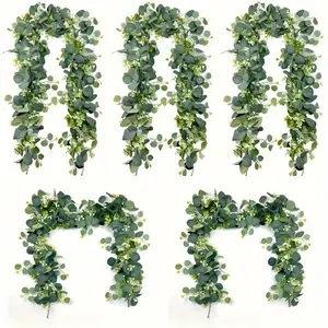 5-pack 5.9ft Faux Eucalyptus Garland with White Flowers - Artificial Silver Dollar Eucalyptus Leaves and Gypsophila Vines for Couple Dating, Home Decor, Patio, All-season Festivities, Wedding, Party, Mantle Display, Without Container