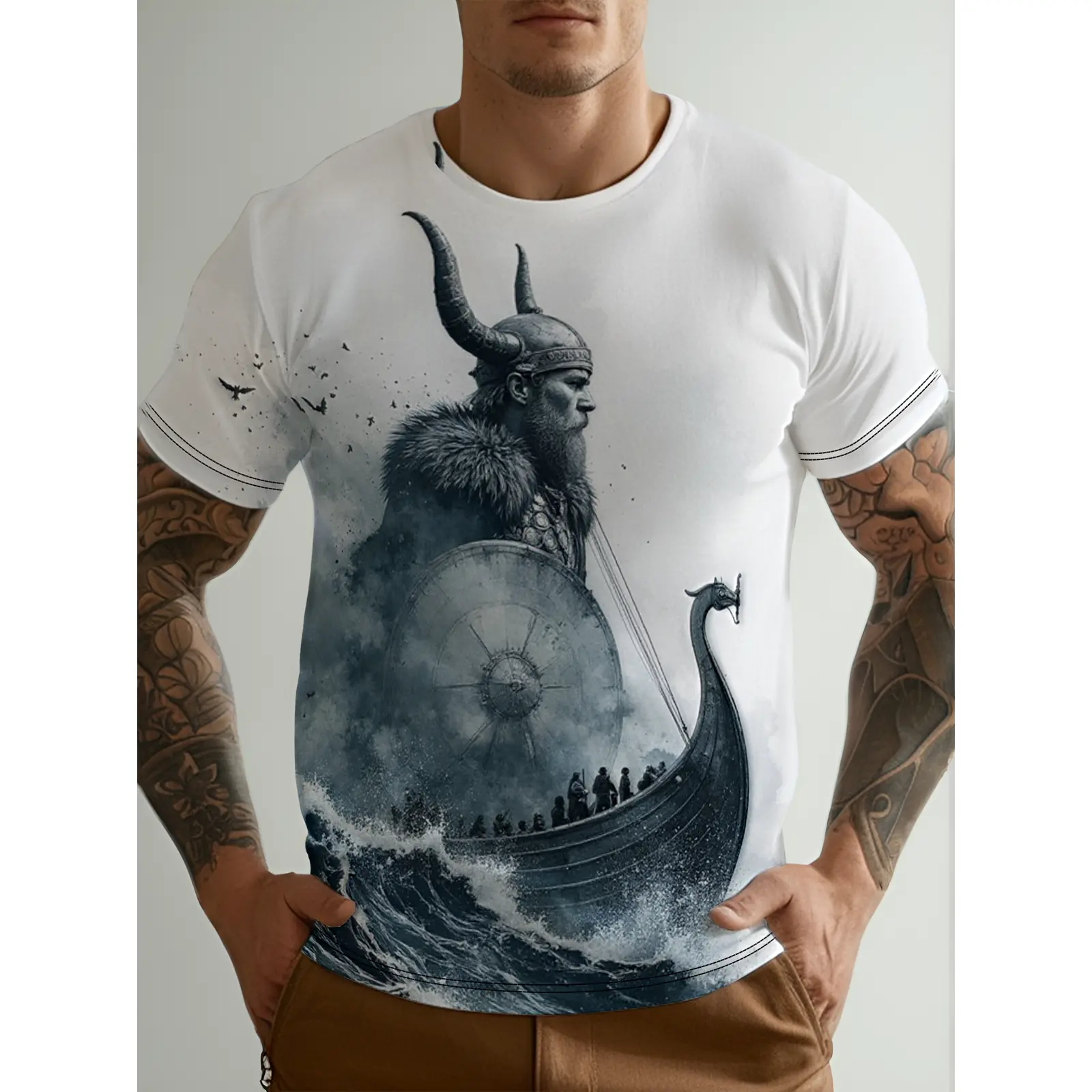 Men'S Viking Ship Pattern T-Shirt - Casual T-Shirt with Nordic Warrior Dragon Design, Viking T-Shirt, Viking Warrior T-Shirt, Viking Helmet T-Shirt, Viking Pattern T-Shirt, Plus Size