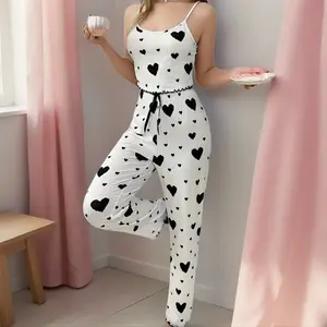SERACAL Striped & Hearts Pajama Set Matching Camisole & Lounge Pants Cute Sleepwear & Casual Home Set Soft Breathable Knit Fabric Coordinated Cuteness Versatile Wearability