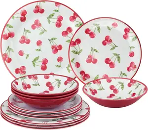 12-Piece Cherry Melamine Dinnerware Set for 4  Red Outdoor Plates & Bowls Set | Lightweight Break-Resistant Picnic Patio Camping RV Tableware | Cute Summer Cherry Pattern Dishes for Kitchen, Backyard Parties, BBQ, Travel & Everyday Use