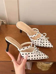 Women's White Polka Dot Bow Pointed Toe Stiletto Mule Slides, Vintage Coquette-Chic Style, Elegant Office Heels #VintageCoquetteShoes, #PolkaDotBowHeels, #OfficeChicMules