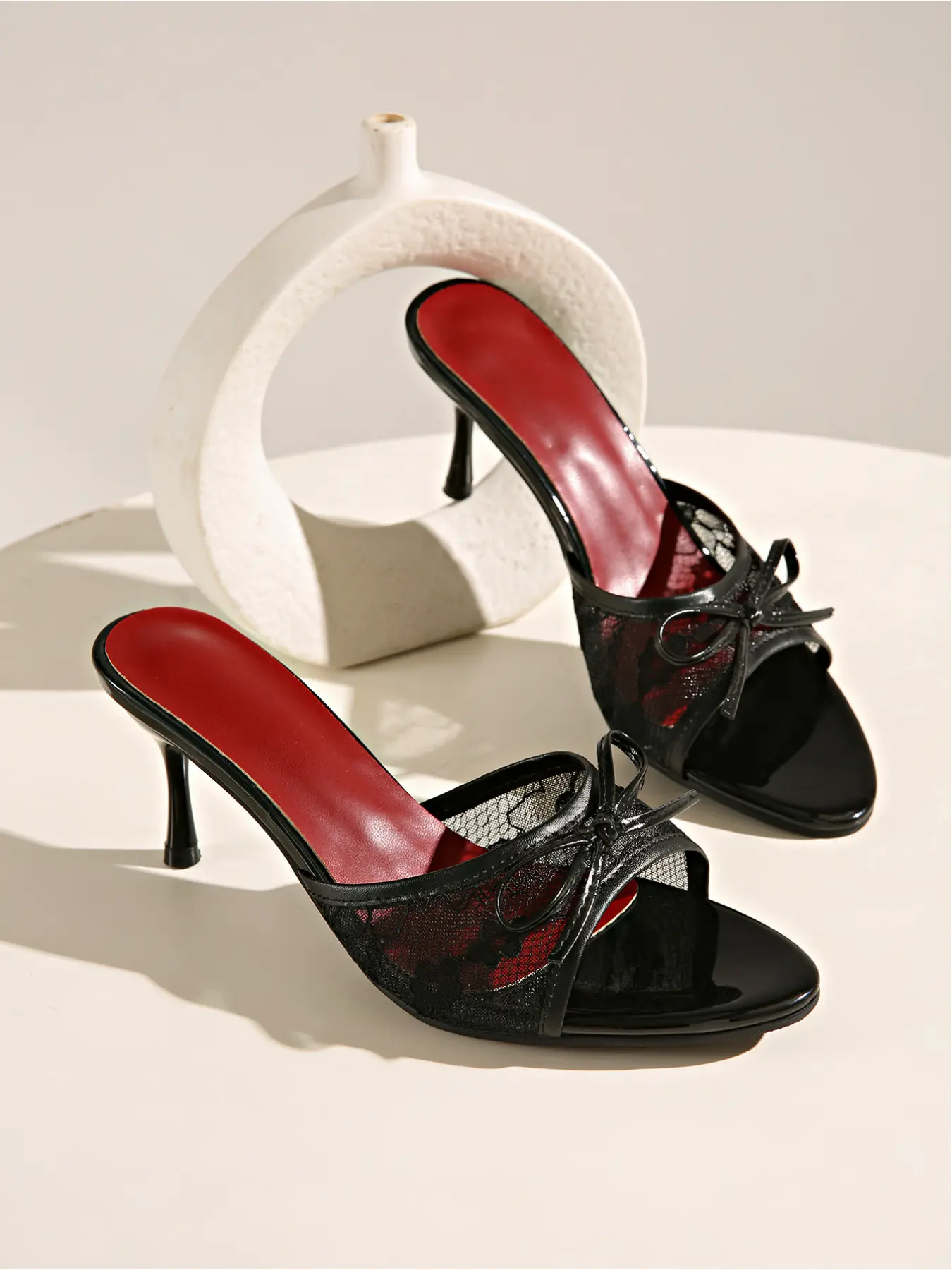 Women's French Lace Mesh Bow High-Heeled Sandals, Exquisite Pure Desire Style Pointed Toe Stiletto Sandals, Party and Banquet Fashionable Sandals