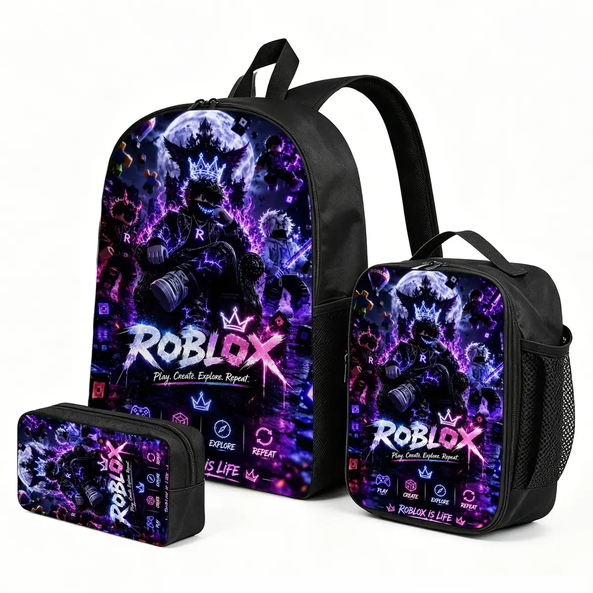 Roblox 3-Piece Backpack Set with Lunch Box, Pencil Case, Padded Strap - No Wheels, Back to School Haul for Elementary , Kids, Unisex, Zip, Set Pack
