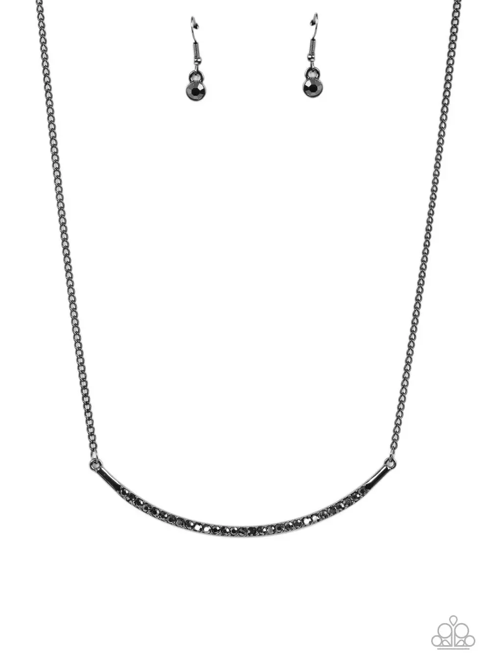 Collar Poppin Sparkle - Black Necklace - Curved Gunmetal Bar with Hematite Rhinestones Hangs on Gunmetal Chain
