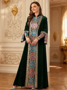 Women's Muslim Modesty Traditional Abaya Dress Long Sleeve Elegant Geometric Pattern, High-Quality Velvet Fabric for Fall & Winter, Loose-Fitting Islamic Clothing, Modest Muslim Outfits