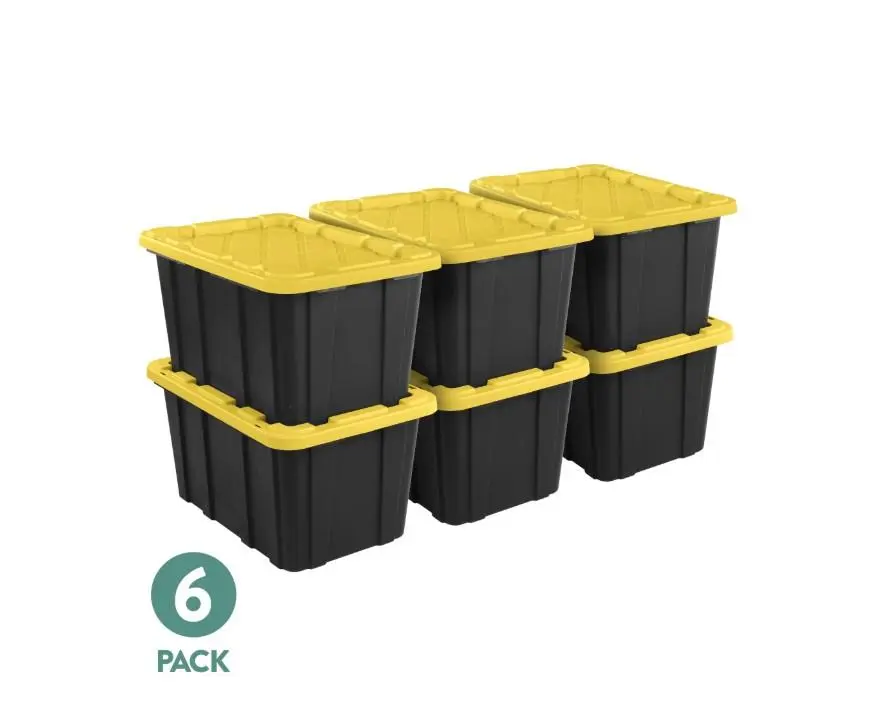 Sterilite Large Storage Bin, 27 Gallon Durable Plastic Storage Tote with Snap-On Lid, Black and Yellow, 6 Pack