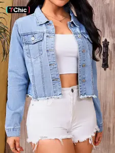 Women's Plain Fitted Button Front Denim Jacket, Coats, Casual Pocket Design Collar Jacket for Daily Wear, Ladies Clothes for All Seasons