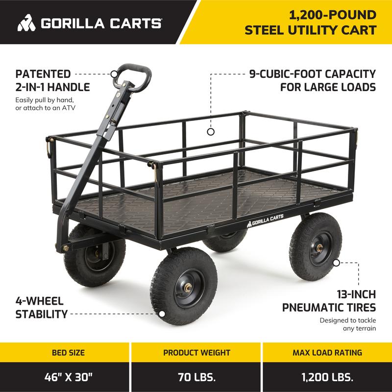 Gorilla Cart GOR1200-COM 9 Cubic Feet Heavy Duty Steel Utility Wagon Cart, Black