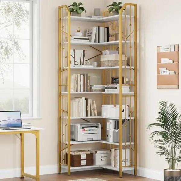 Corner Bookshelf 86" l Shaped Bookcase, Corner Bookshelves Industrial Bookcase 7 Tier l-Shape Bookshelf, Large Bookcases with Beaded Design Tall Display Rack Shelf for Living Room Bedroom