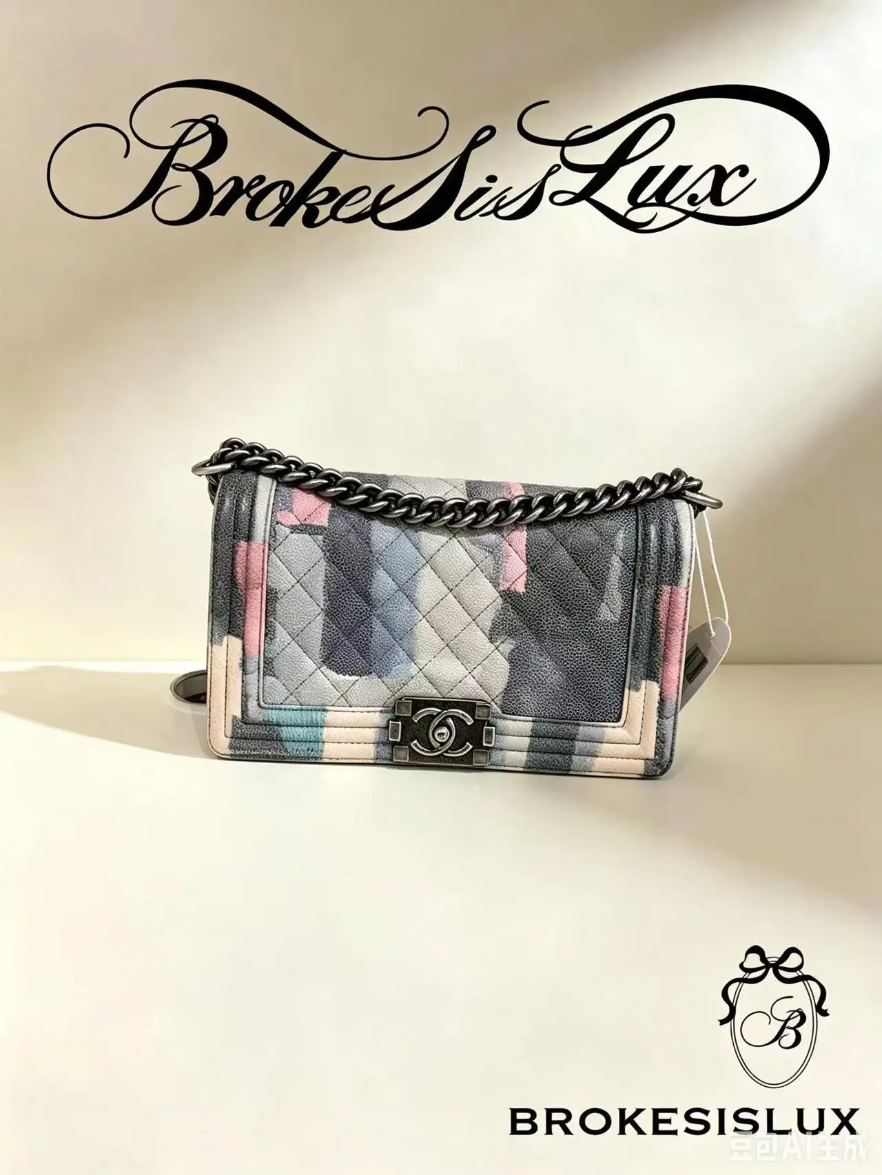 Pre-owned CHANEL Boy Watercolor Pastel Print Caviar Flap Bag | Gunmetal Hardware, Thick Chain Strap
