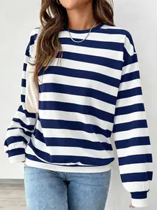 Lazy style contrasting striped shirt for women, loose and thin, Lightweight, long sleeved T-shirt, casual, Everyday and versatile, outerwear base top Womenswear
