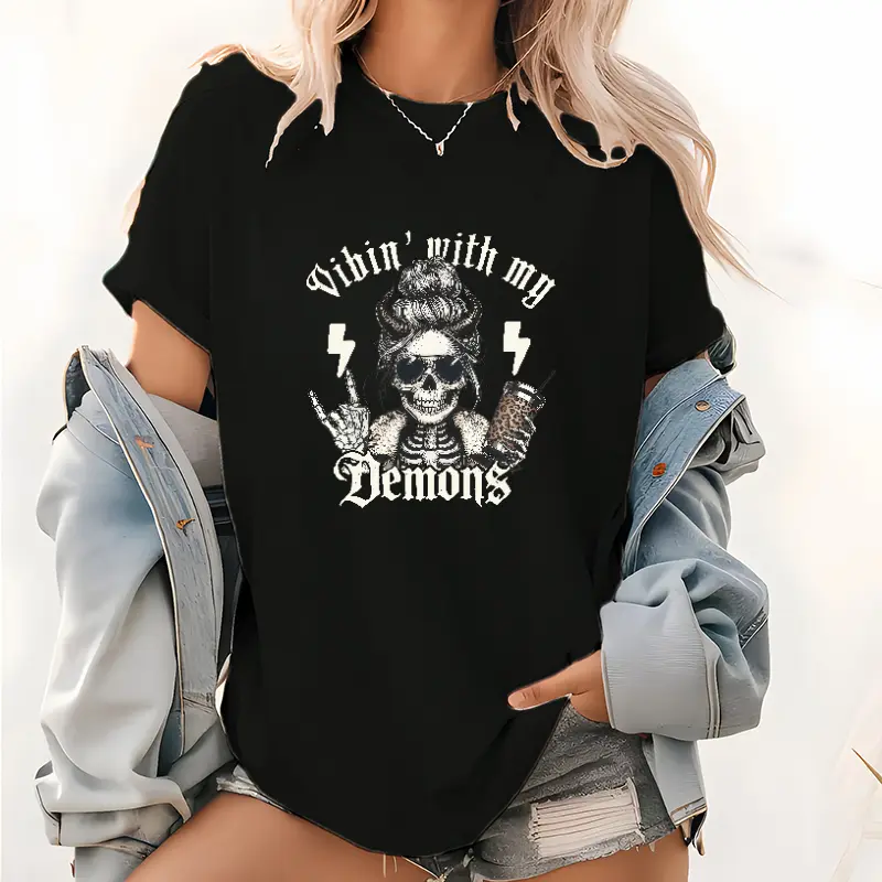 With My Demons Skeleton Tee – Gothic Demon Shirt Featuring Dark Humor Proverbs