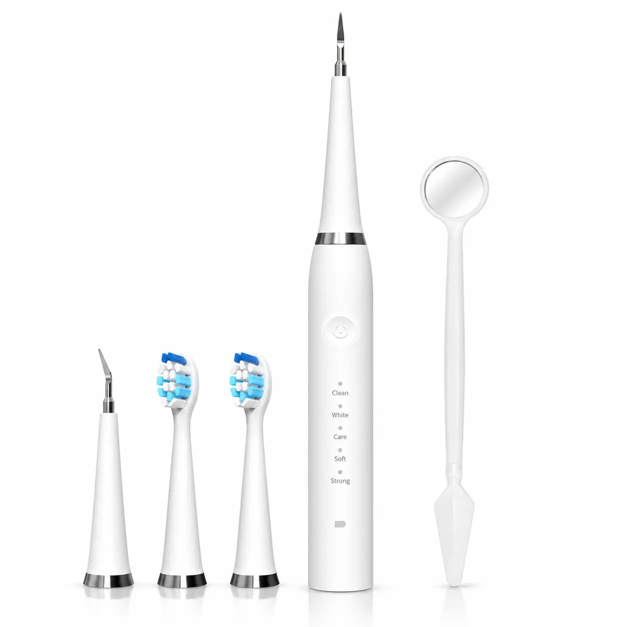 Electric Sonic Toothbrush & Dental Cleaning Kit with 5 Cleaning Modes, Interchangeable Brush Heads, Metal Dental Cleaning Tips & Mouth Mirror, Rechargeable Oral Care Tool for Daily Teeth Cleaning, Home & Travel, White