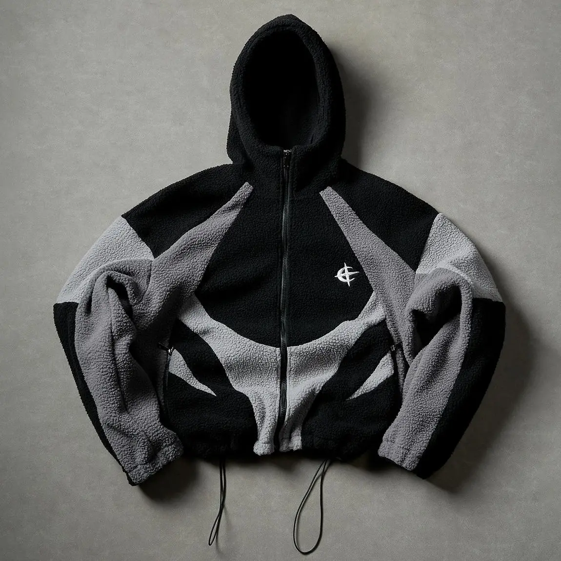 Men's high-street functional hooded sweatshirt/cardigan with a mech-inspired design, color-block panels, and chenille fleece, cropped loose fit.