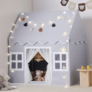 Sumbababy Kids Play Tent with Mat - Star Lights & Tassel Garland, Indoor Playhouse for Toddlers, Boys & Girls, Birthday Gift Gray Children's Tent