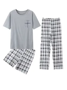 Men's Lightweight Sleepwear Set, Round Neck Plaid Print Short Sleeve Top and Shorts Pants, Summer Casual Home Wear Three-Piece Suit, Loungewear