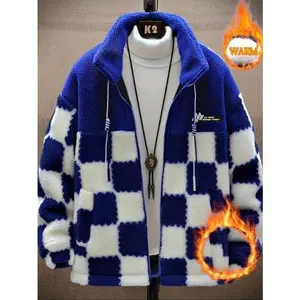 Men's Fall Winter Warm Thick Fleece Plaid Cardigan Overcoat Mock Neck Baseball Jacket