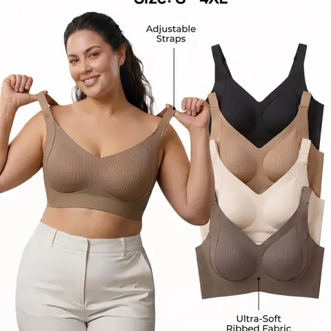 4PCS Solid Seamless Daily Comfort Jelly Bra, Plus Size Wire-Free Ribbed T-Shirt Bralette | Soft Stretch, Gentle Support & Sleep Comfort (S-4XL)