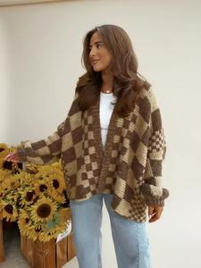 women's trendy checkerboard knit cardigan with lantern sleeves, retro loose fit outerwear for autumn and winter, stylish warm sweater