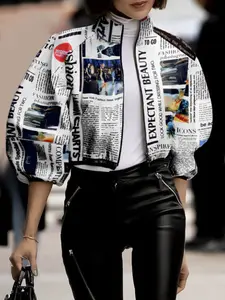 Women's Loose Bubble Sleeve Short Jacket Top, Stand Collar Woven Printed Coat, Casual Fashion Womenswear Outerwear for Spring & Fall Seasons