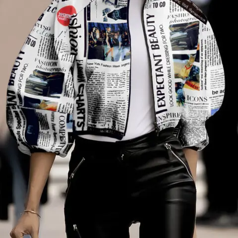 Women's Loose Bubble-Sleeve Cropped Jacket, Stand-Collar Printed Woven Outerwear for Spring and Fall, Chic Casual Womenswear