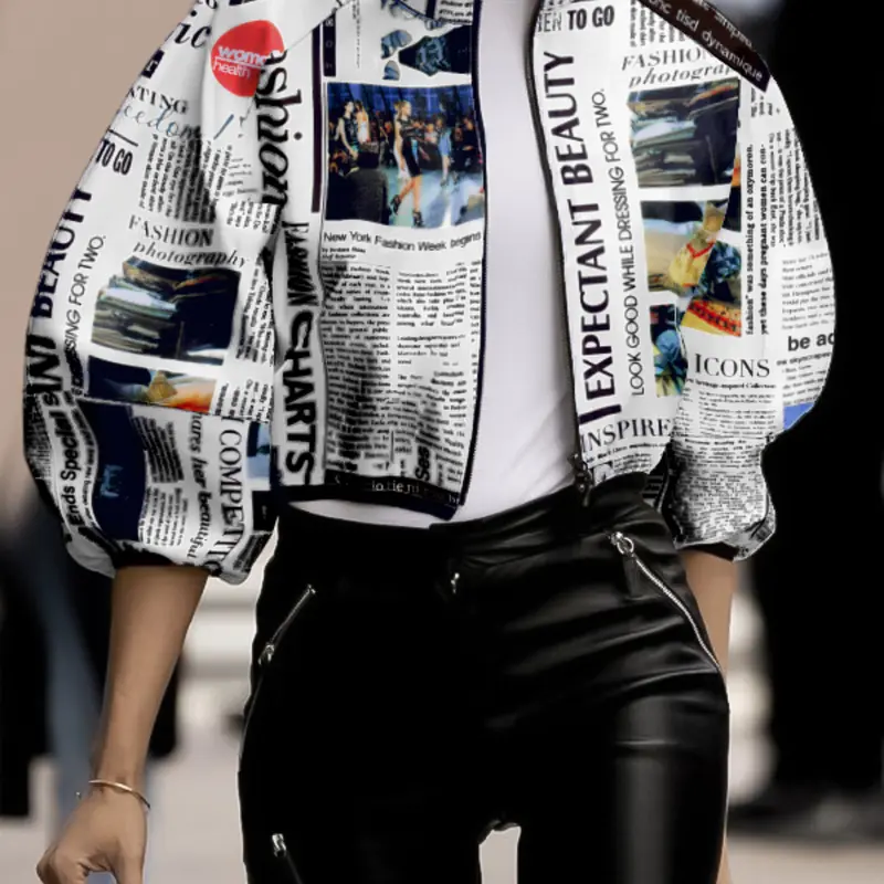 Women's Loose Bubble-Sleeve Cropped Jacket, Stand-Collar Printed Woven Outerwear for Spring and Fall, Chic Casual Womenswear
