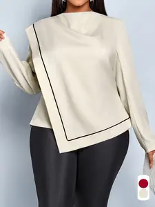 Women's Casual Elegance Style Fall Winter Plain Solid Long Sleeve Asymmetrical Hem Shirt Top, Fitted Stand Collar Blouse, Plus Size Ladies Clothing, Womenswear