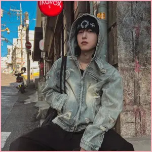 Dongdaemun Hooded Denim Jacket, Distressed, Heavy-duty, Washed, Ripped, High Street Fashion