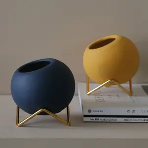Unique Electroplated Iron Frame Ceramic Succulent Fake Flower Pot, Decorative Ornament for Restaurant Customer Area, Stylish Indoor Plant Holder, Ball Shape Planter