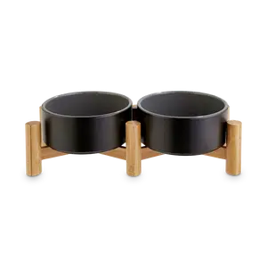 Reddy Black Ceramic & Bamboo Elevated Double Diner Pet Bowl