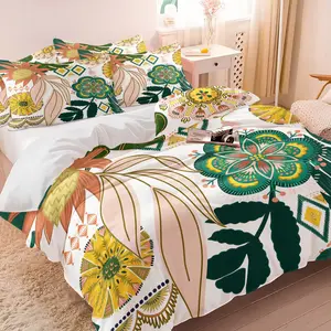 Bohemian Tropical Floral Duvet Cover Set,Includes 1 Decorative Duvet Cover & 1-2 Pillowcases,Ethnic Geometric Monstera Print Bedding Set,Soft Breathable All Season Bedding for Bedroom Dorm Guest Room Decor,Ideal Gift for Boho Home Decor Lovers