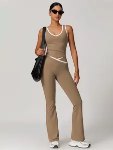 Women's Colorblock Sporty Short Tank Top Set, Detachable Padding & High-Waisted Quick-Dry Casual Flare Pants, All Seasons Slim-Fit, Yoga Clothes Set