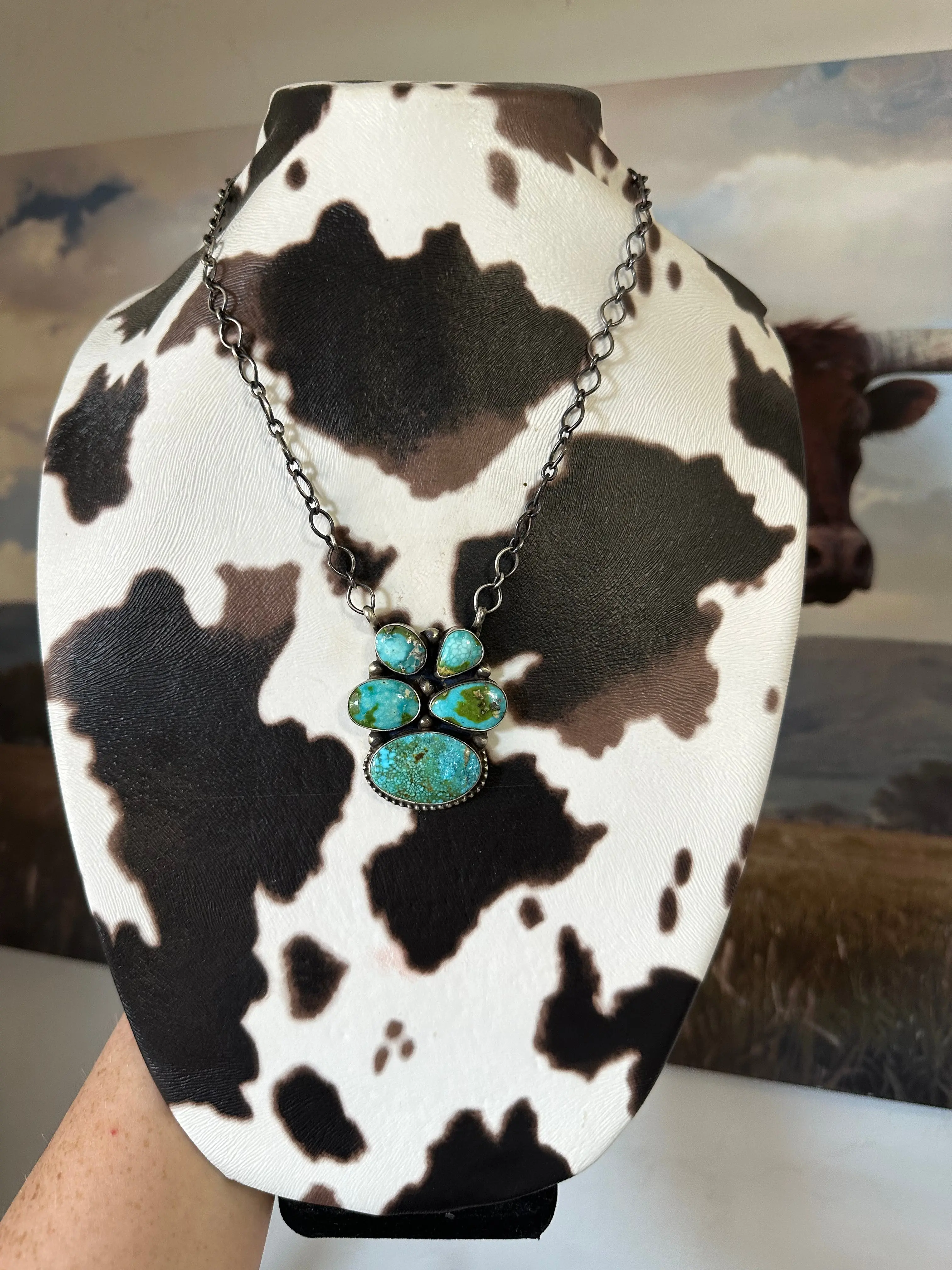 Beautiful Handcrafted Sterling Silver Sonoran Mountain Turquoise Cluster Necklace Signed Kathleen