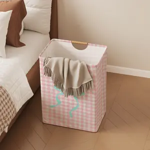 Plaid Bow Print Open Storage Box, Foldable Laundry Basket with Handle, Home Bathroom Dirty Clothes Organizer Bucket