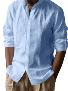 Men's Linen Long Sleeve Shirt, Stand Collar Button Front Breathable Plain Casual Henley Top, Perfect for Spring & Summer Wear