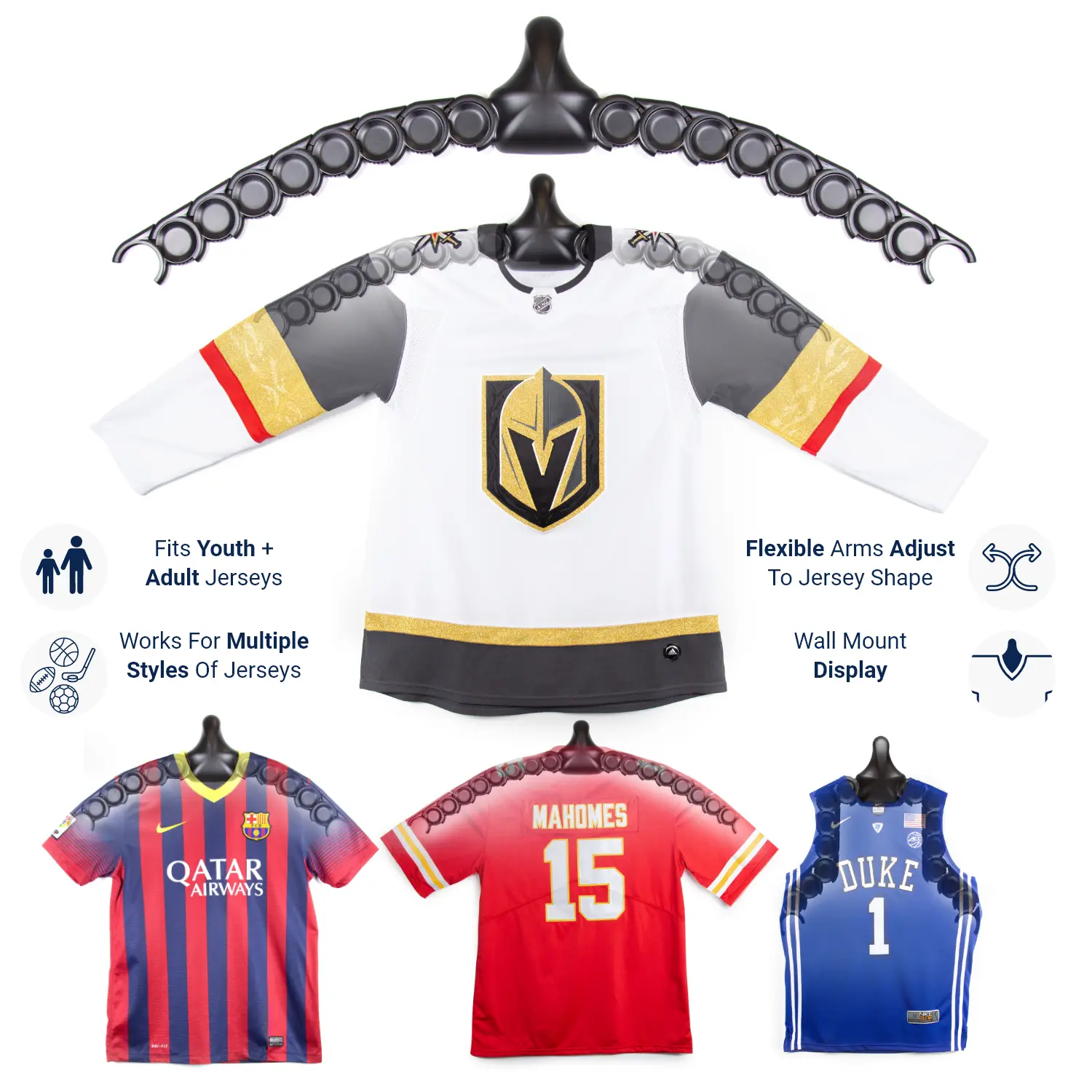 No-Show Jersey Hanger Wall Mount for Football Shirts, Adjustable Display for Collector Room Decor, Lightweight No-Drill Uniform Holder