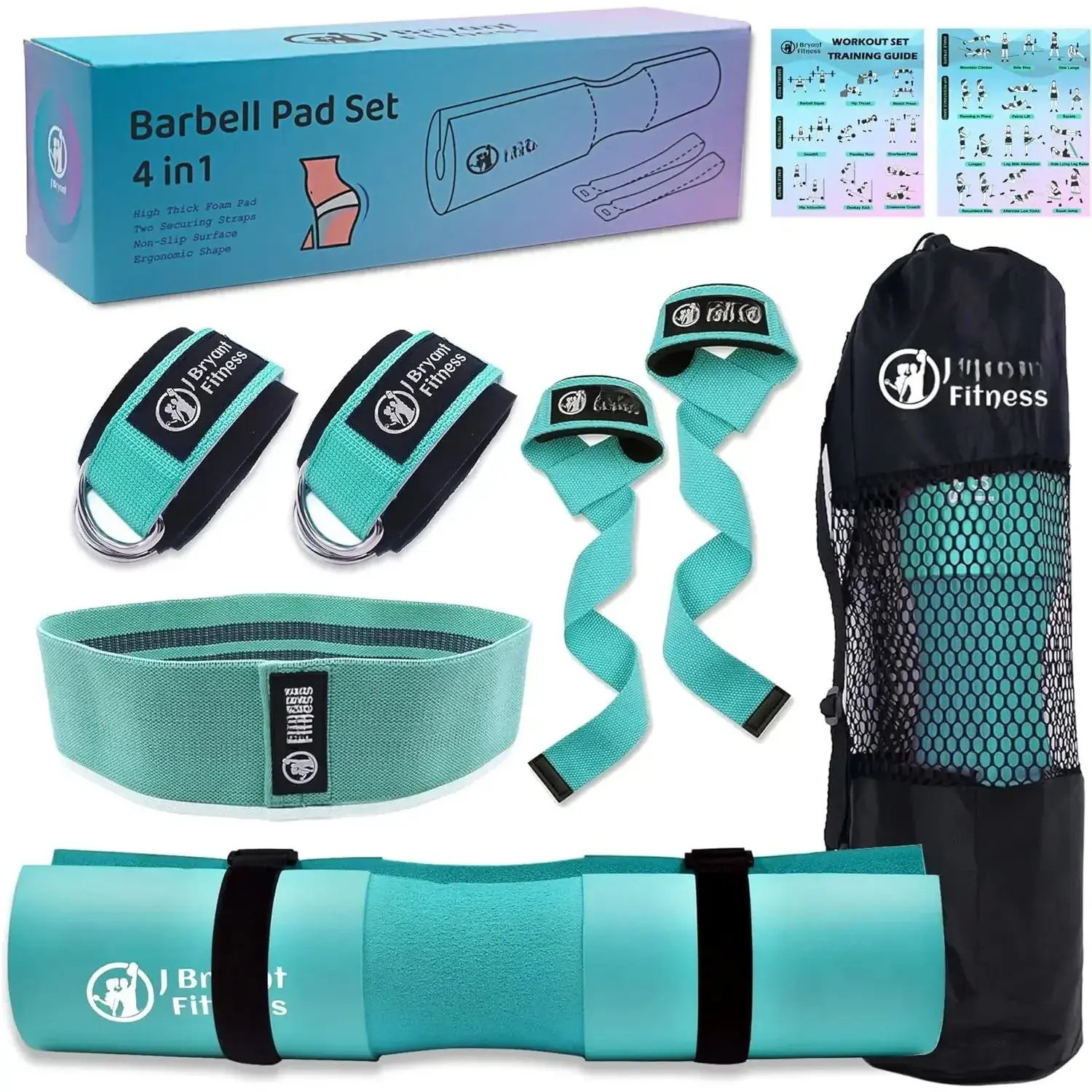 Barbell Pad Set for Gym Weight Lifting - 5-Piece Kit with Thick High-Density Squat Pad, Fabric Hip Band, 2 Ankle Straps, Lifting Straps & Carry Bag, Home Gym, Foam, Strength Training, One Size