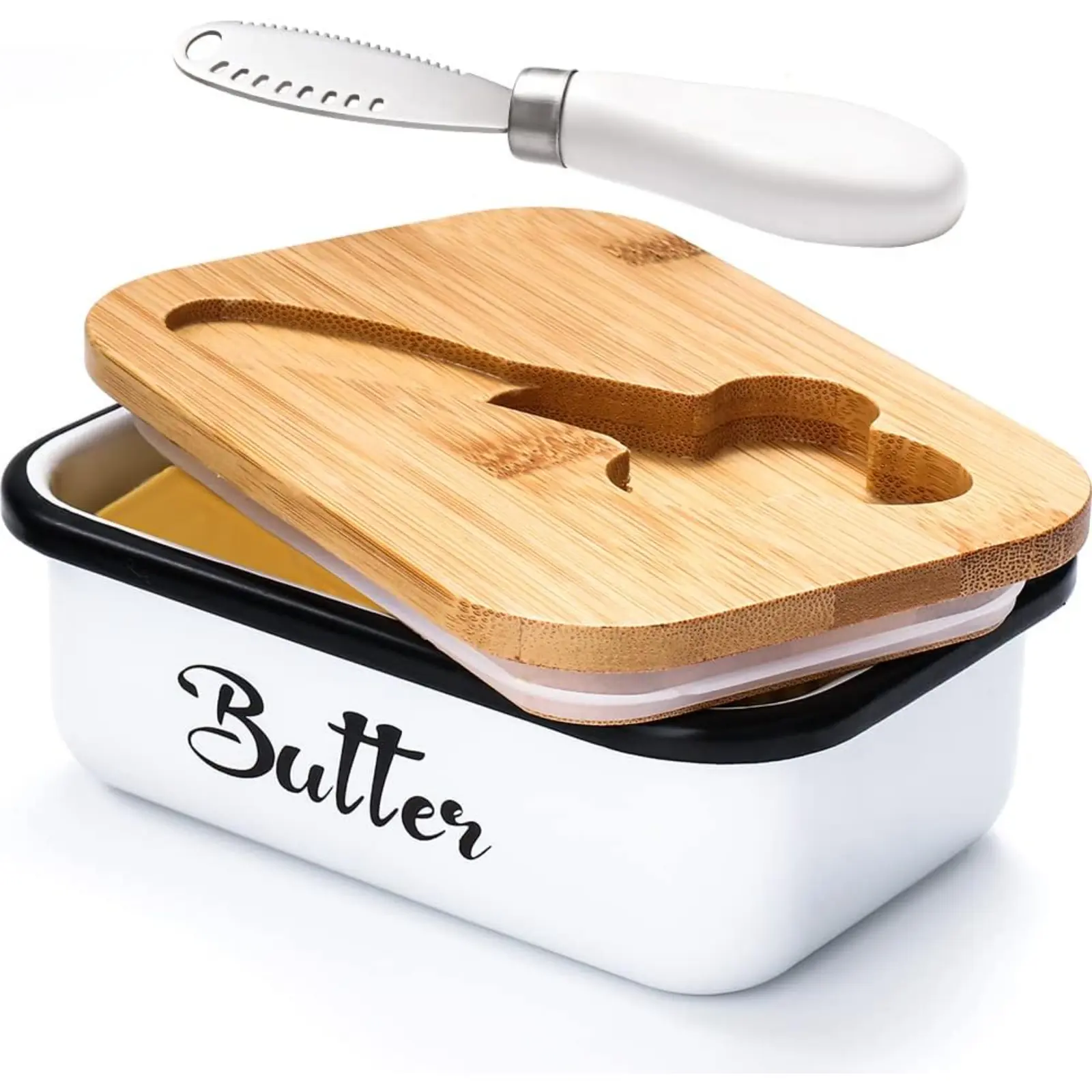 White Metal Butter Dish with Lid, Silicone Seal and Butter Knife - Countertop Kitchenware, Appropriate Capacity, Home Decor Housewarming Gift