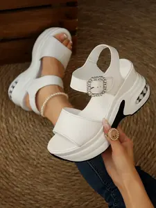 Women's Thick Cushioned Sandals with Rhinestone Buckle, Open Toe Casual Commuter Summer Shoes, Pu Upper Material, PU Material, Rubber Sole, Footwear