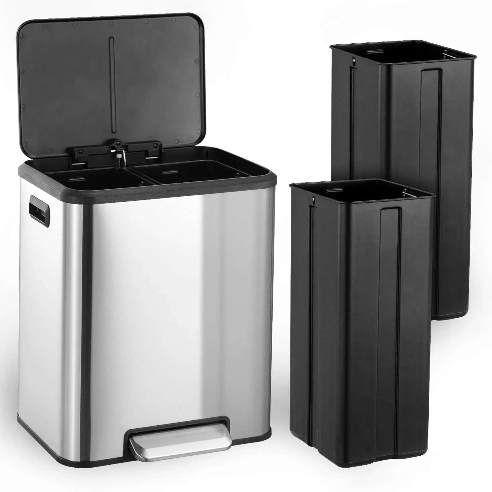 Trash Can with Lid, 2 x 4 gal (2 x 15 l) Double Compartment Kitchen Trash Bin, Stainless Steel Trash and Recycle Bin Combo, Removable Buckets, Pedals, for Kitchen Bathroom Bedroom Office Garbage Can With Lid Recycling Waste Bin