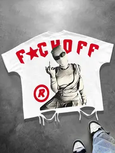 Street FACK OFF Character Print Short Sleeve T-Shirt (Unisex) | Bat Sleeve Tassel Ripped Distressed White Short Sleeve Retro Loose Oversized Fit Loose Drop Shoulder Men's 2026 Summer New Arrival Trendy Brand Top Ins Trendy American Vintage