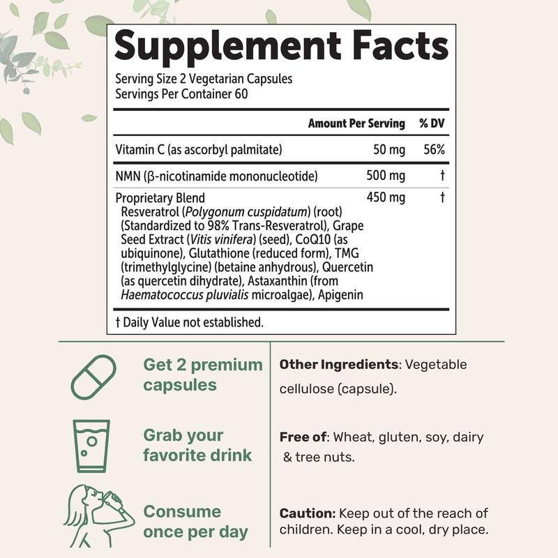 Micro Ingredients NMN Complex 1,000mg Per Serving, 10-1 Complex, Zero Filler, Pure NMN 500mg with Vitamin C, Resveratrol, CoQ10, TMG, Quercetin, & Glutathione | NAD+ Supplement Precursor