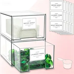 Clear Stackable Laundry Organizer Bins with Labels, 2 Pack Dryer Sheet Holder and Pod Containers, Detergent Dispenser for Laundry Room Organization, Stackable Storage Drawers for Cabinet and Shelf.