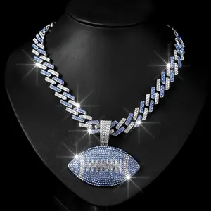 Iced Out American Football Pendant Necklace, 14mm Crystal Cuban Link Chain, Bling Hip Hop Sports Charm for Men & Women, Sparkly CZ Diamond Game Day Jewelry, Football Lover Gift, Rapper Style Statement Piece, Blue/Red/Pink Available