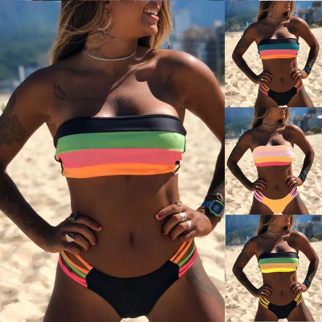 LGBTQ+ Women's Rainbow Lace Up Bikini Set Swimwear with Padded Bra and Adjustable Strings