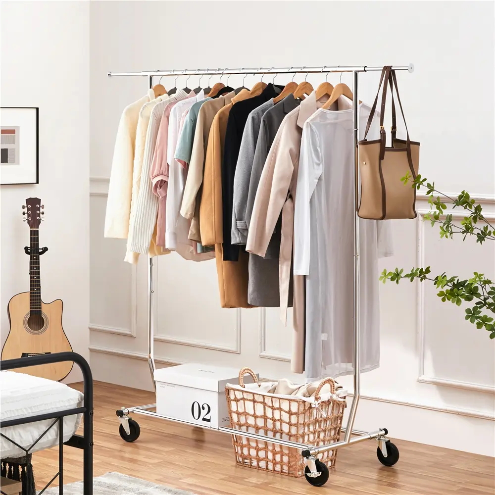 Yaheetech Adjustable Clothes Hanging Rack - Durable Sturdy Rack, Portable Freestanding Single Rail Garment Organizer with Lockable Swivel Wheels, Extra Storage for Bedroom, Commercial Use, Laundry, Yard