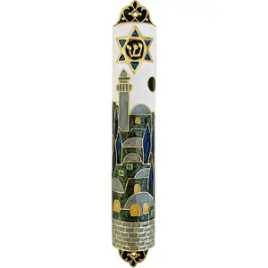 Hand Painted Mezuzah, Exquisite Enamel Mezuzah with  of David and Jerusalem Motifs