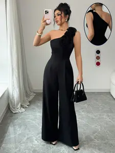 Women's 3D Floral Decorated Casual Minimalist Tight Fitted Jumpsuit, French Vintage Romantic Asymmetric Shoulder Strap, Sleeveless Long Regular Fit