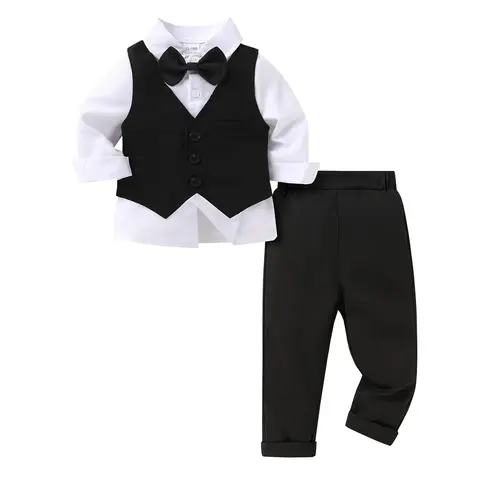 YOUNGER TREE Toddler Boy Clothing 4-Piece Gentleman Matching Set (0-3 Years) - Long Sleeve Polyester Blend Blazer with Bow Tie, Solid Colors Black Set, Machine Wash, Formal Wedding/Party Wear, All-Seasons Outfit